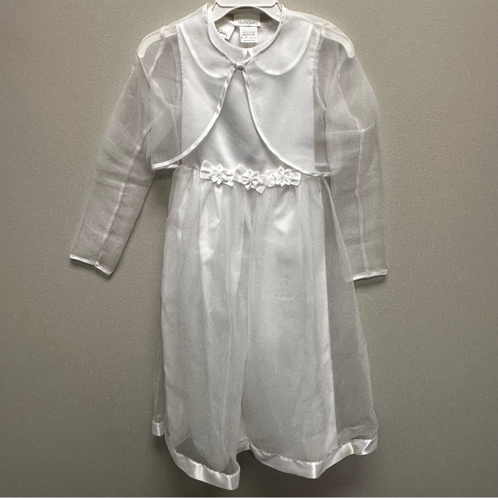 Bonnie Jean White Satin Dress Pearl Accent Dress Womens Size 10 USA 2 piece FLAW